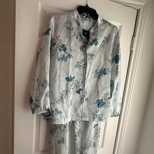 MORGAN TAYLOR Women's Satiny Silky Floral Blue Pajamas Asian Influence SZ Med